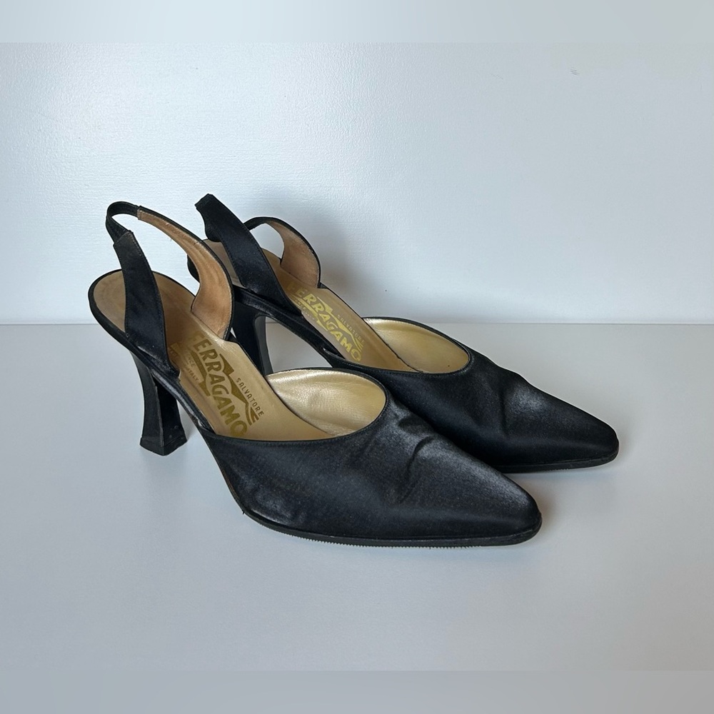 Salvatore Ferragamogsmo Black Satin Slingback Pumps. Size: 9